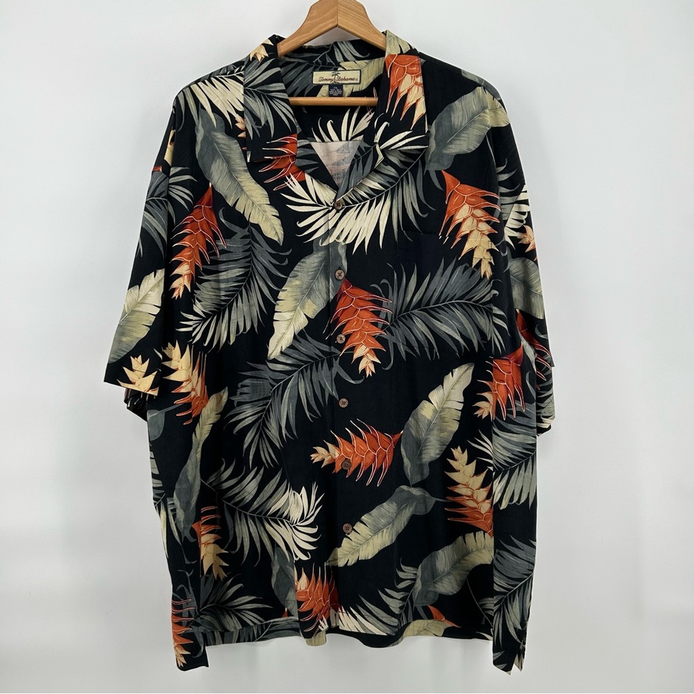 Tommy Bahama 100% Silk Hawaiian Shirt Mens 2XL‎ Black Tropical Camp Palm Leaves